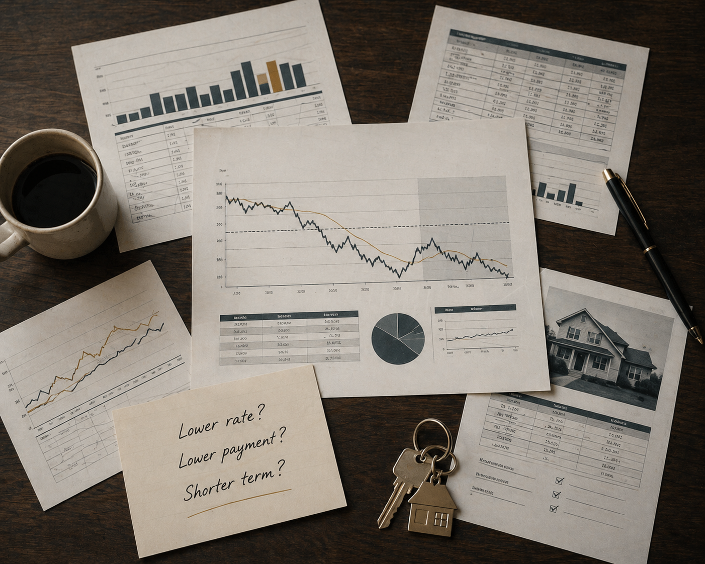 Mortgage rate charts and refinance documents on a desk — visual analysis materials helping homeowners decide if now is a good time to refinance
