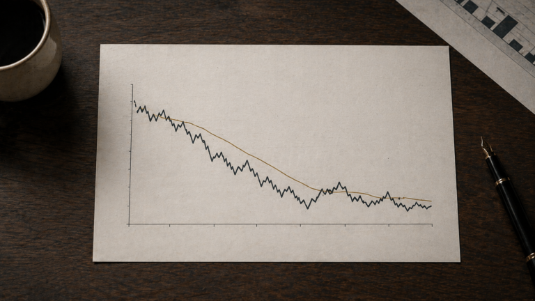 Mortgage rate trend chart on a desk — a printed line chart showing rate movement over time, with a fountain pen and coffee cup in soft focus