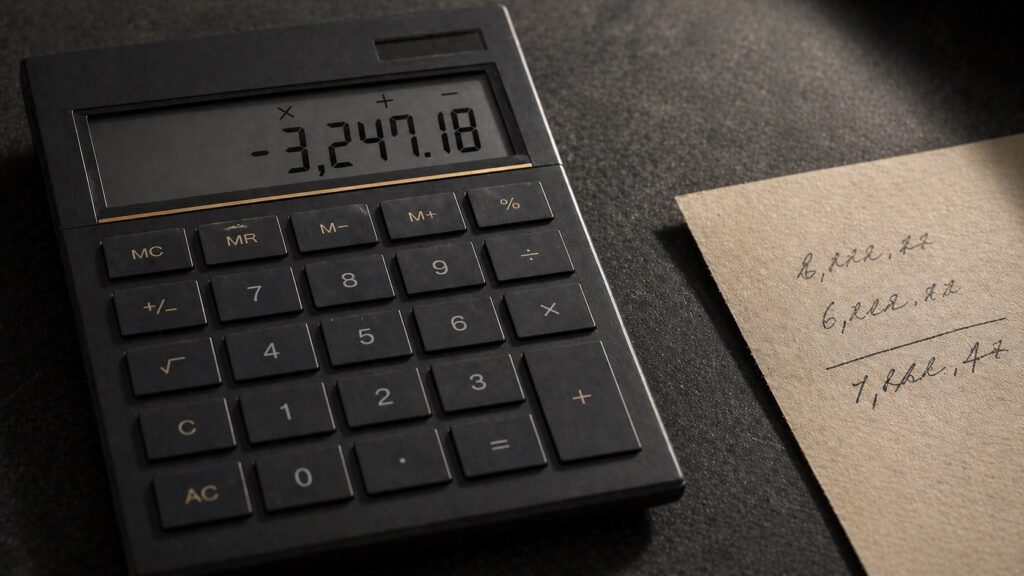 Modern desk calculator and handwritten figures on a slate surface — illustrating how to calculate whether a mortgage rate trend produces a meaningful gap for your loan