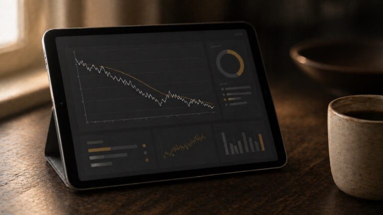Tablet displaying a financial dashboard with mortgage rate trends chart — illustrating how to read mortgage rate trends in a modern interface