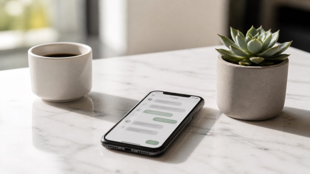 Smartphone with message notification on a desk — contact LoanRefinancers with questions about Rate Watch or mortgage refinancing