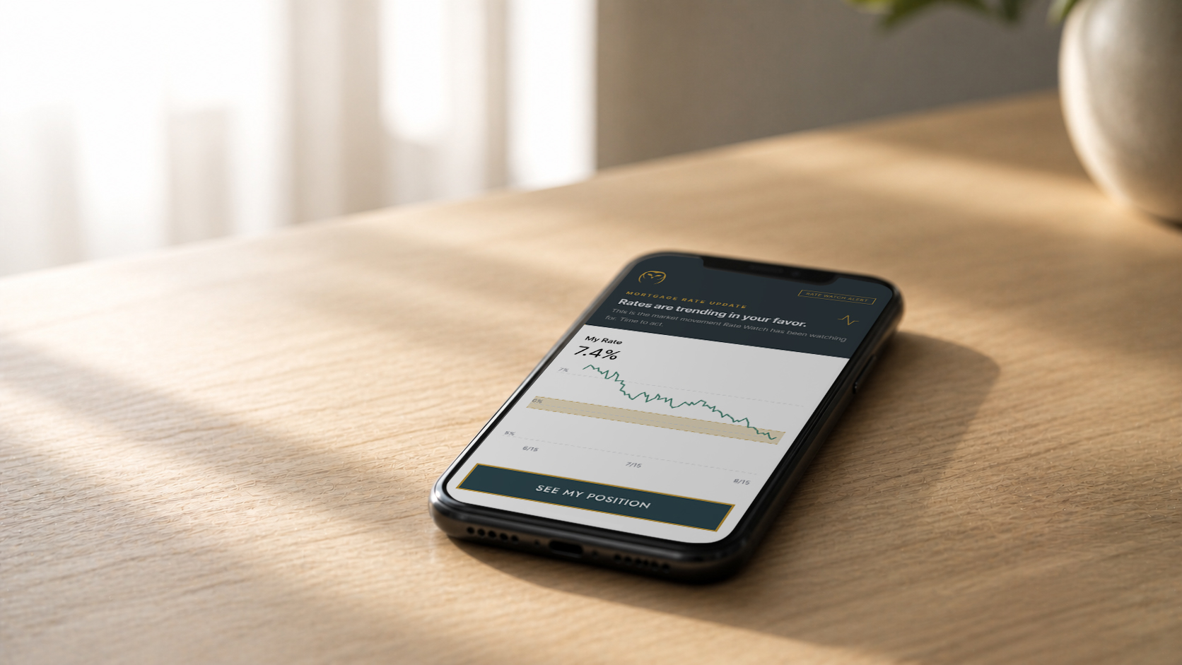Smartphone displaying a Rate Watch alert showing mortgage rates trending down — get notified when mortgage rates drop with LoanRefinancers