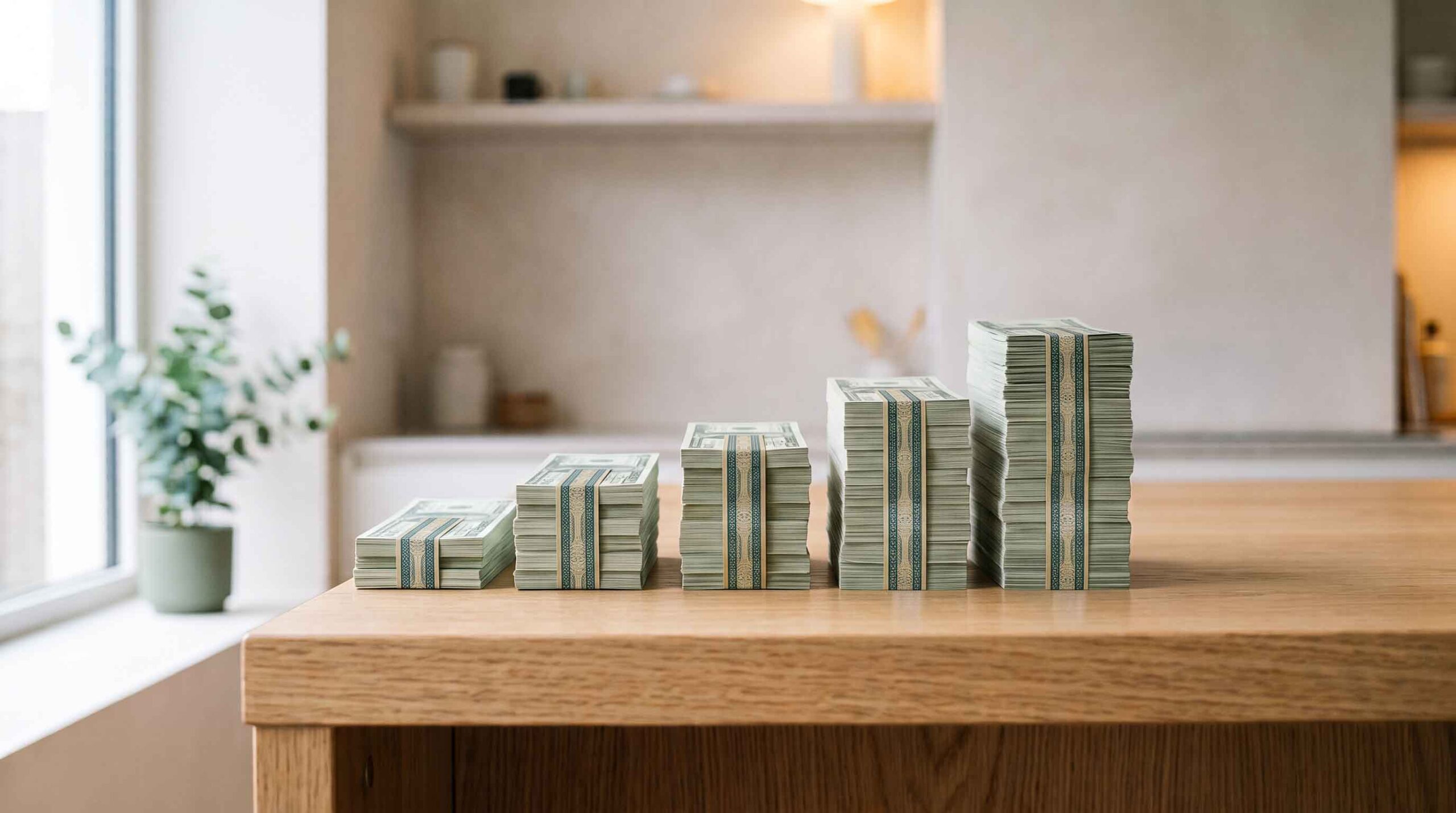 Five stacks of dollar bills in different heights on a light oak table: how much does it cost to refinance?