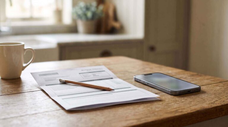 Mortgage statement, pencil, and phone on a kitchen table: is a 7% mortgage rate high?